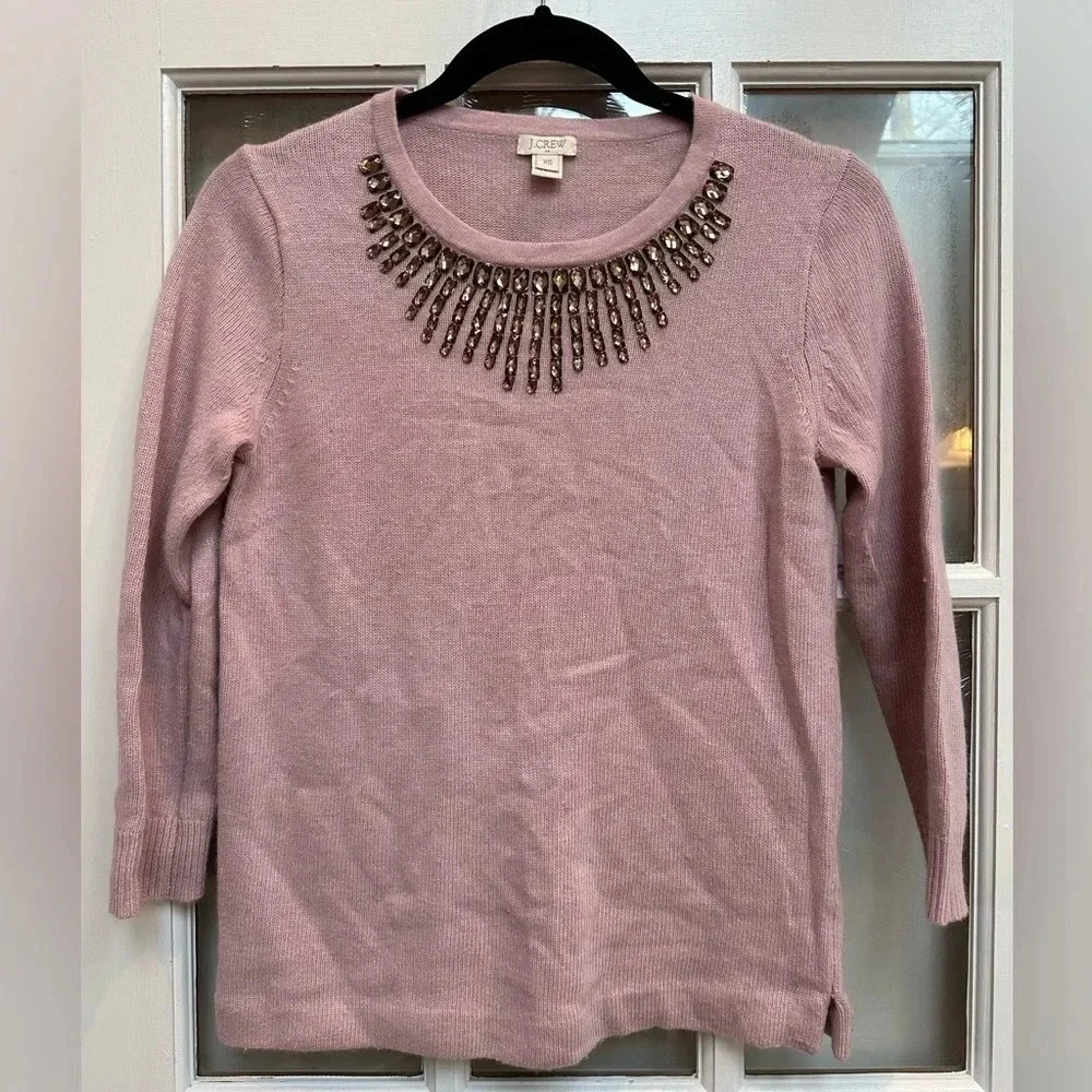 J. Crew Mauve Embellished Jeweled-Starburst Collar Sweater Merino Wool Size XS